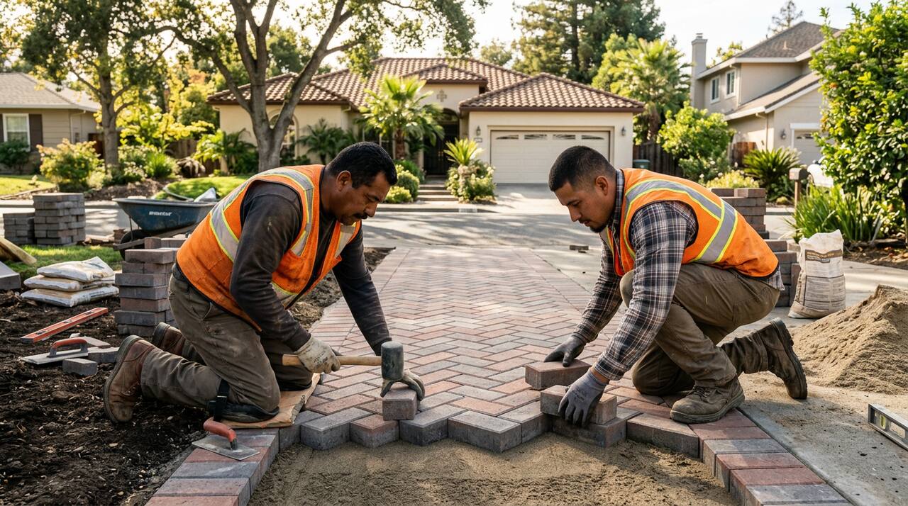 Elevate Concrete Works crew installing interlocking pavers on San Jose residential driveway — licensed Bay Area concrete contractor