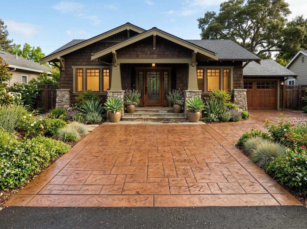 Stamped decorative concrete driveway terracotta color San Jose CA — Elevate Concrete Works