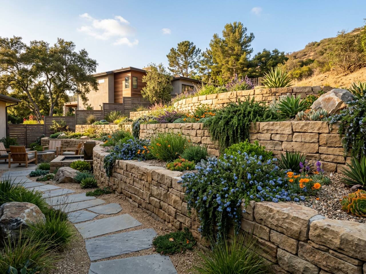 Natural stone retaining wall hardscape California Bay Area — Elevate Concrete Works