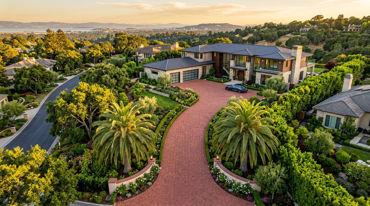 Aerial view luxury paver driveway Bay Area California golden hour — Elevate Concrete Works