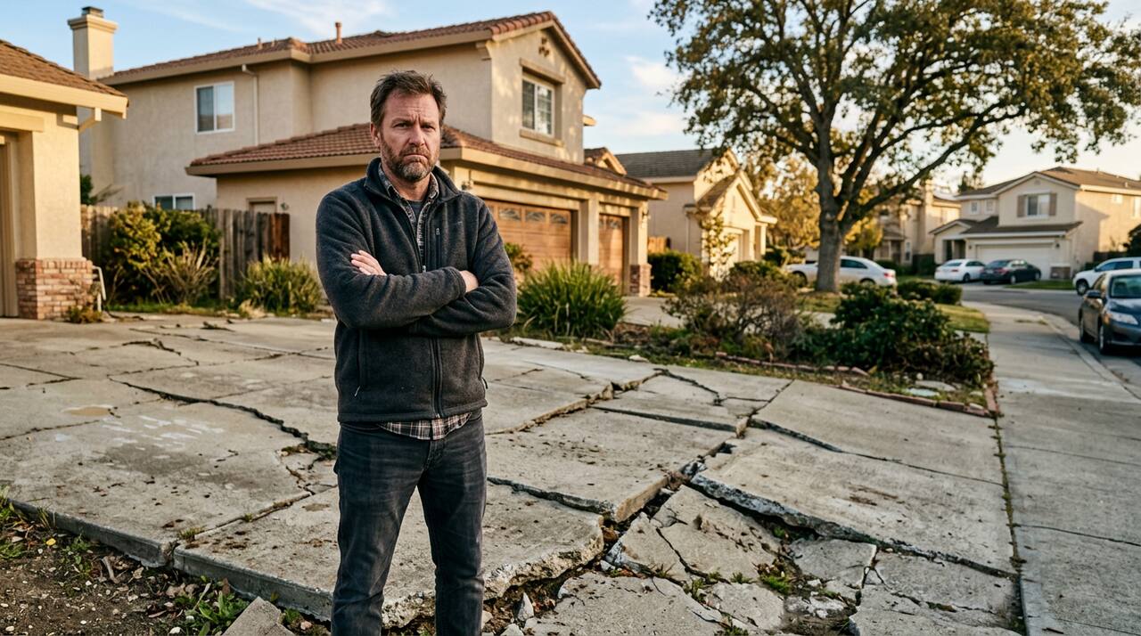 Frustrated Bay Area homeowner standing arms-crossed in front of cracked deteriorated concrete driveway — San Jose concrete contractor