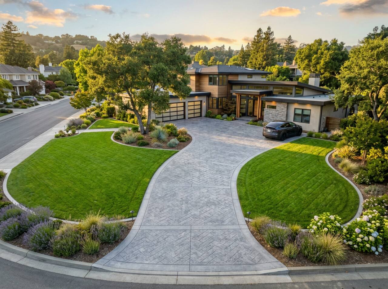 Residential stamped concrete driveway California suburban home — Elevate Concrete Works Bay Area